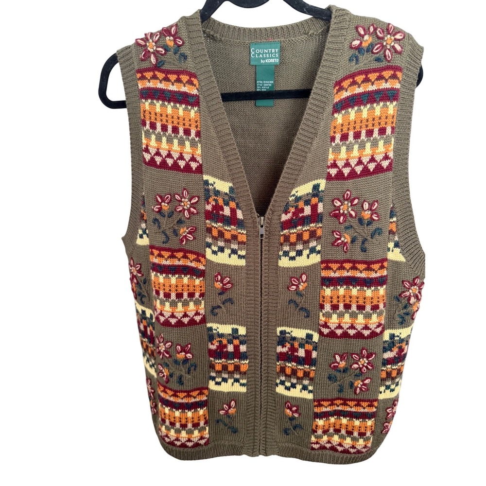 Vintage Country Classics by Koret Knit Vest‎ Floral Patchwork Pattern Zip Front
